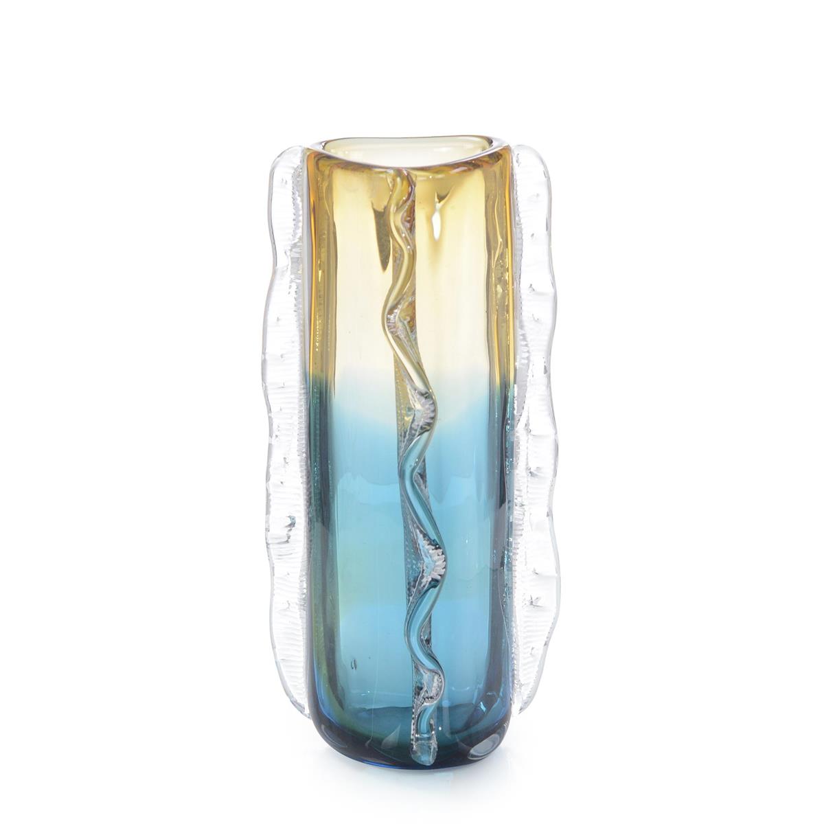 John Richard, Blue and Yellow Rippled Handblown Glass Vase