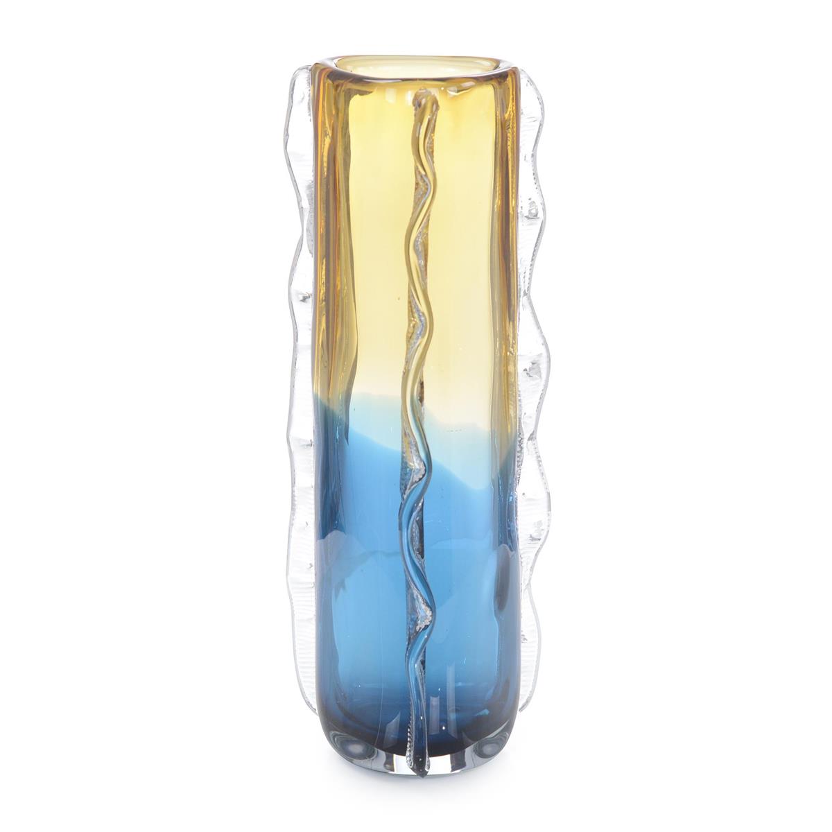 John Richard, Blue and Yellow Rippled Handblown Glass Vase