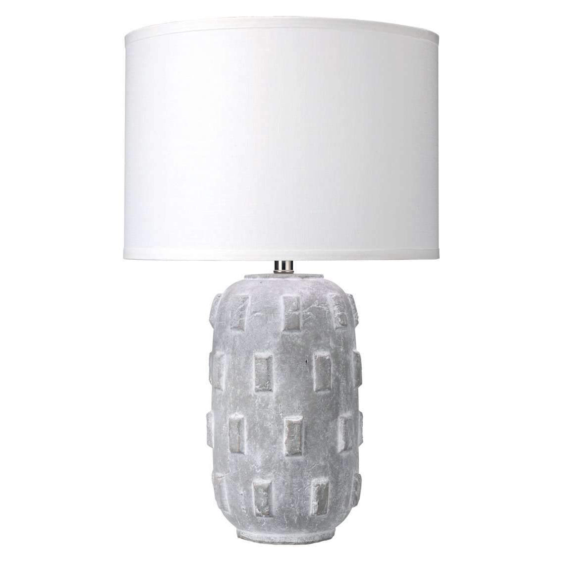 Jamie Young, Boulder Table Lamp in Grey Ceramic with Classic Drum Shade in White Linen