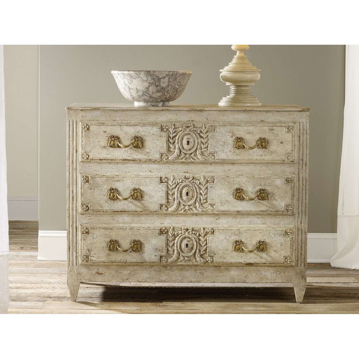 Modern History, Carved and Painted 3 Drawer Chest