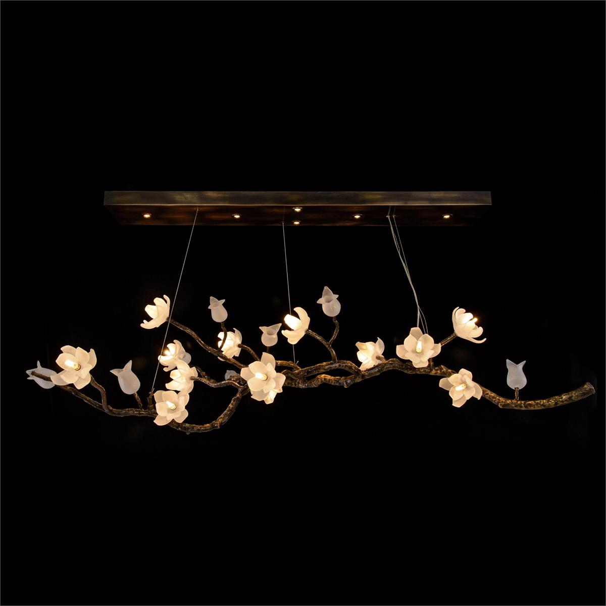 John Richard, Churippu Magnolia & Tulip Glass Bronze Oblong Nineteen-Light Chandelier