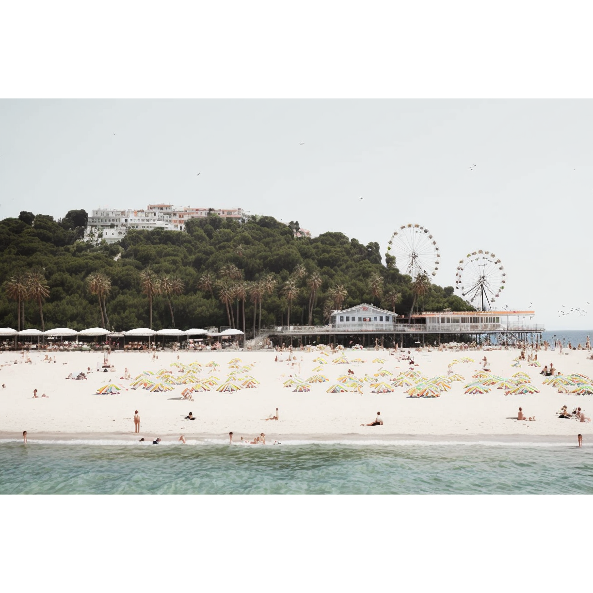 FASart, Coastal Harmony: Buildings, Beach, and Calm Waves Amidst Green Hills