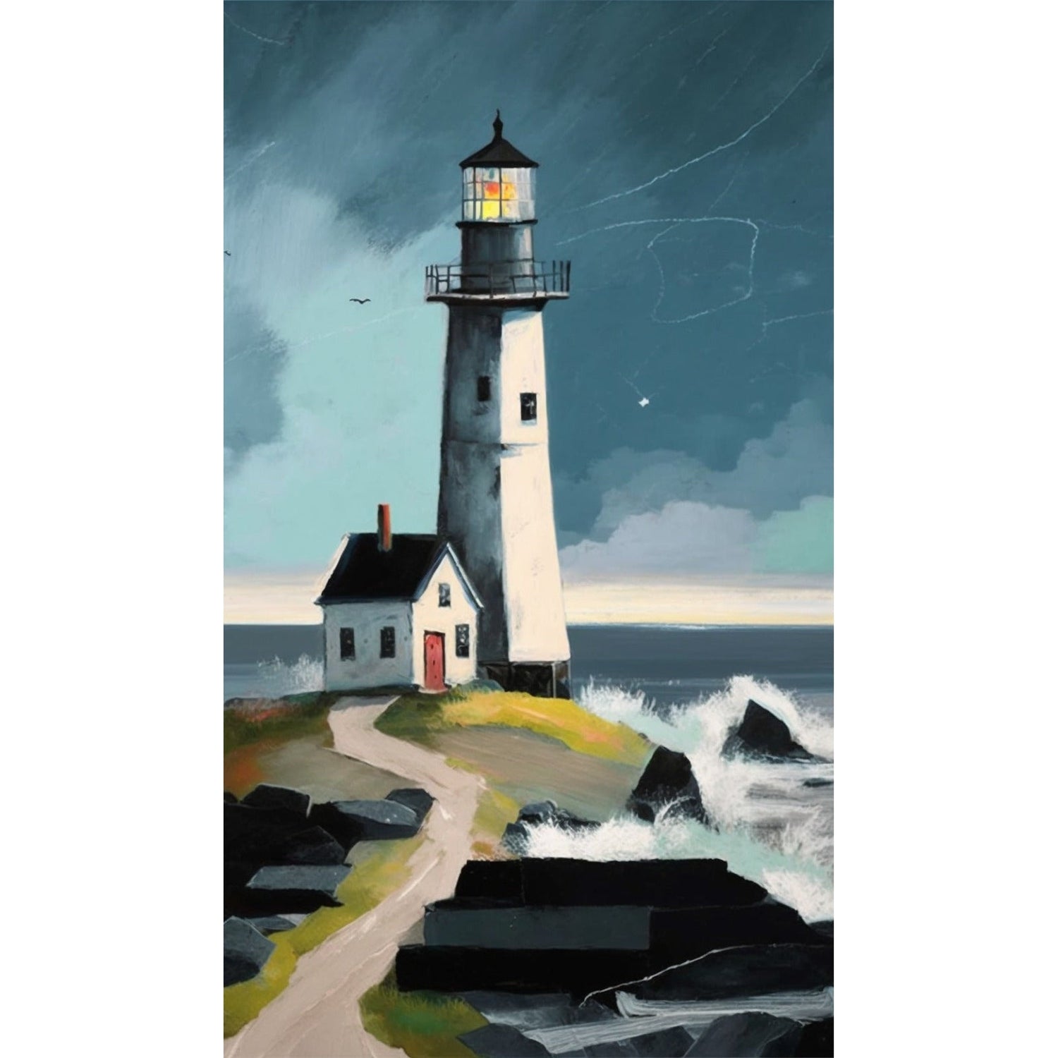 FASart, Coastal Retreat: Waves, Lighthouse, and Grey House - Limited Edition Print