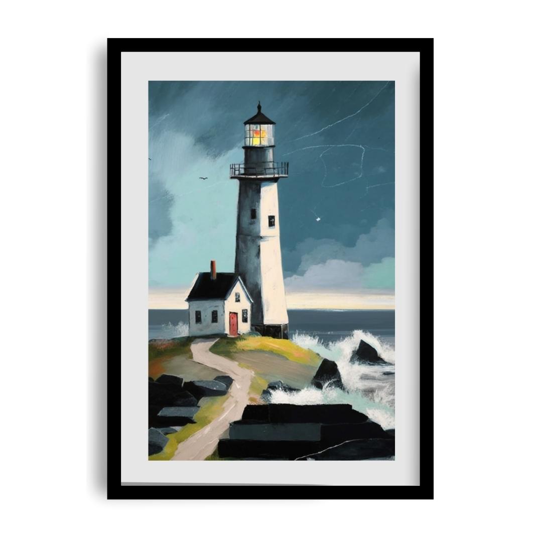 FASart, Coastal Retreat: Waves, Lighthouse, and Grey House - Limited Edition Print